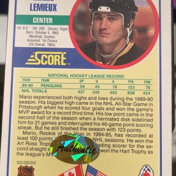 Penguins Mario Lemieux Authentic Signed 1990 Score #2 Card - Picture 3 of 5
